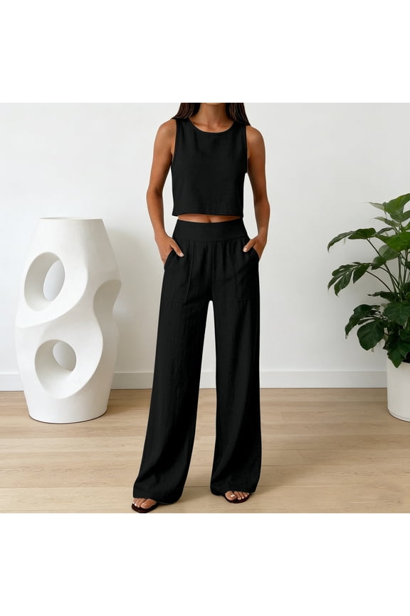 Linen Sets for Women 2 Piece Sleeveless Crop Tank Tops With Wide Leg Pants Casual Summer Cotton Gauze Outfits 2026, 2026 New Limited Time Offer