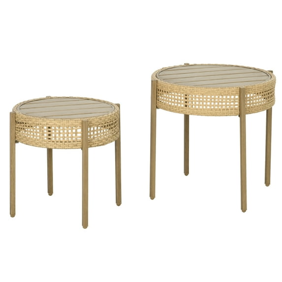 2 Piece Pe Rattan Patio Table Set, Outdoor Coffee Table & End Table Set, Stacking, Slatted Metal Top, Brown