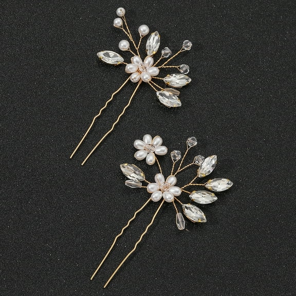 2-Piece Pearl Hairpin Set for Wedding Bridal, Elegant Pearl Rhinestone Hair Clips for Women, Flower Hair Accessories (Gold)