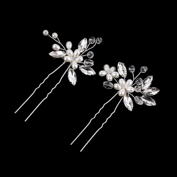 2-Piece Pearl Hairpin Set for Wedding Bridal, Elegant Pearl Rhinestone Hair Clips for Women, Flower Hair Accessories (Silver)