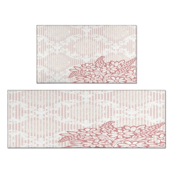 2 Piece Pink Flowers Dalia Spring Rug Kitchen Rug Set, Decor Kitchen Rugs, Absorbent Non-Slip Washable Floor Mats, Home Indoor Runner Rugs 17"x47"+17"x30"