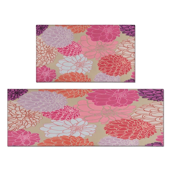2 Piece Pink Flowers Dalia Spring Rug Kitchen Rug Set, Decor Kitchen Rugs, Absorbent Non-Slip Washable Floor Mats, Home Indoor Runner Rugs 17"x47"+17"x30"