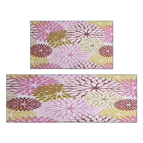 2 Piece Pink Flowers Dalia Spring Rug Kitchen Rug Set, Decor Kitchen Rugs, Absorbent Non-Slip Washable Floor Mats, Home Indoor Runner Rugs 17"x47"+17"x30"