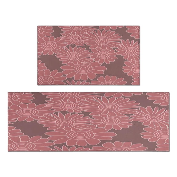 2 Piece Pink Flowers Dalia Spring Rug Kitchen Rug Set, Decor Kitchen Rugs, Absorbent Non-Slip Washable Floor Mats, Home Indoor Runner Rugs 17"x47"+17"x30"