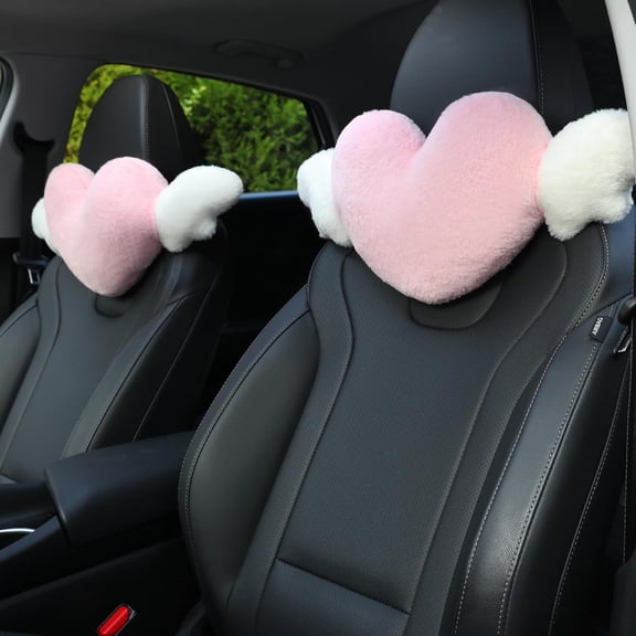 2 Piece Pink Heart Car Headrest Pillow Angel Wing Auto Neck Support Cushion