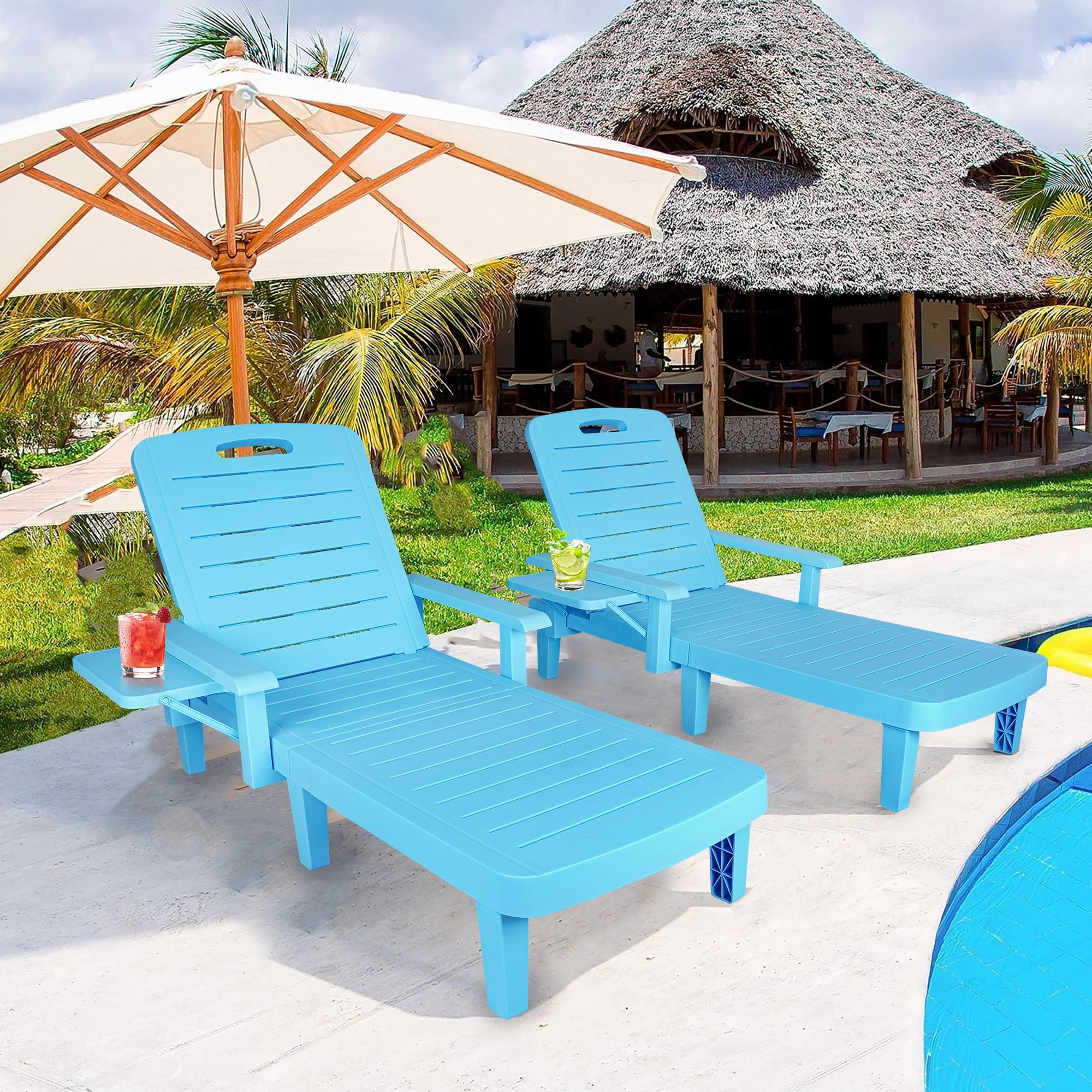 2-Piece Plastic Lounge Chairs, 5-Position, Armrest, Storage Rack ...