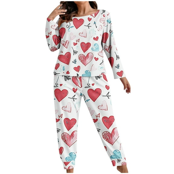 2 Piece Plus Size Pajamas for Women Vintage Stars Graphic Loungewear Outfits Long Sleeve Night Shirt and Pants