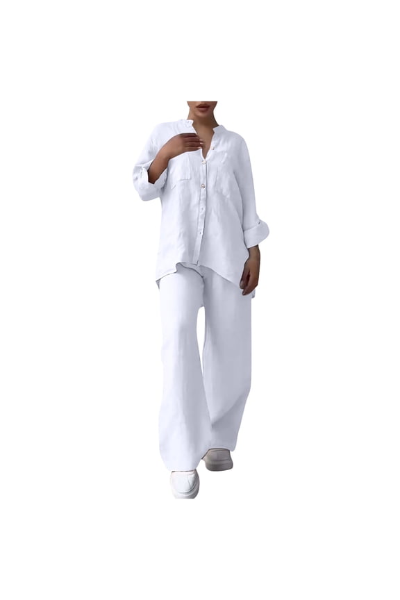 2 Piece Plus Size Sets for Women Fall Solid Color Retro Classic Wersatile Casual Cotton Linen Shirt Drawstring Wide Leg Pants Set Long Sleeved Round Neck Top/Shirt Set