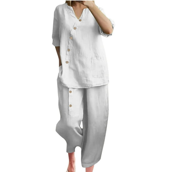 2 Piece Plus Size Sets for Women Fall Loose Casual Solid Color Cotton Linen Three Quarter Sleeved Top Wide Leg Pants Two-piece Set