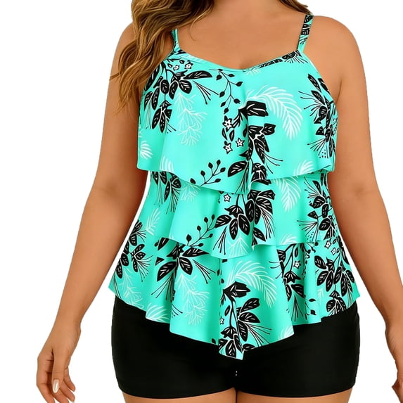 2 Piece Plus Size Swimsuit For Women Spaghetti Strap Pleated Halter High Waist Shorts Modest Print Bathing Suit (XL, Green)