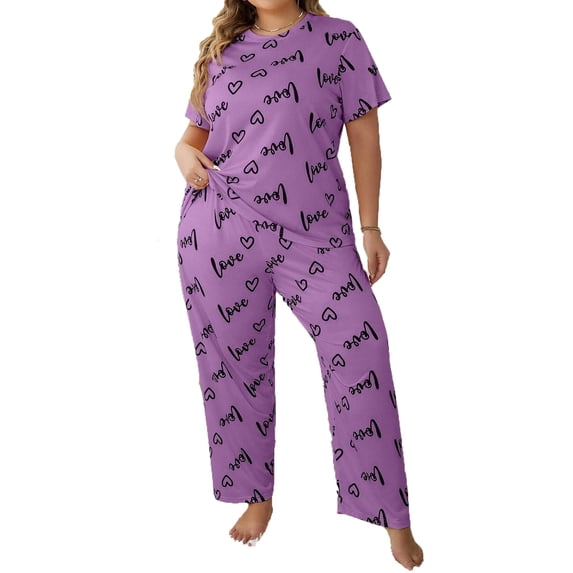 2 Piece Plus Size Women's Heart Print Pajama Set Crewneck Short Sleeve Top & Straight Leg Pants Fall Casual Sleep Night Loungewear
