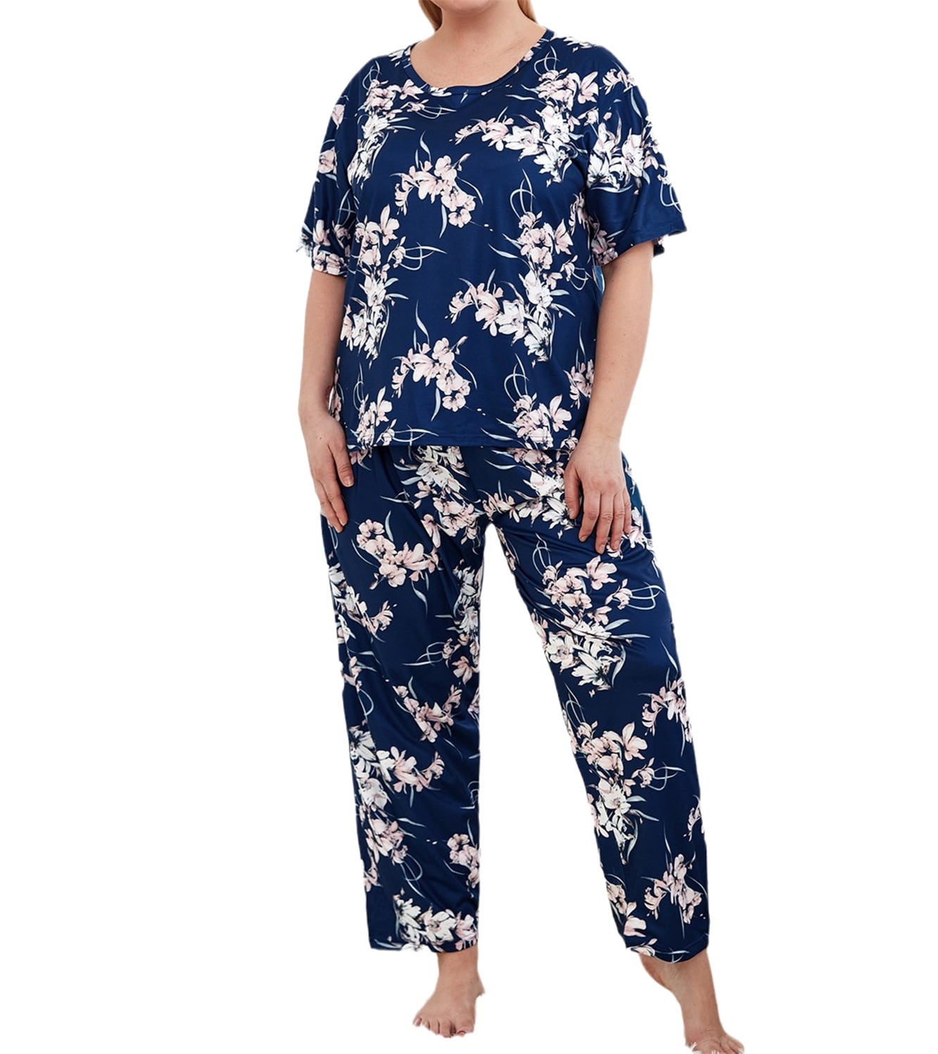 Plus Size Cute Pajamas Set, Women's Plus Kiss & Lips Print Short Sleeve Tee  & Shorts Comfort Loungewear 2pcs Set, Women Plus Size Two Piece Set