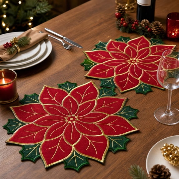 2 Piece Poinsettia Placemats, Embroidered Christmas Table Mats, 14 Inch Flower Shaped Dining Accents for Dinner Parties Buffets and Holiday Centerpieces, Red or White Set