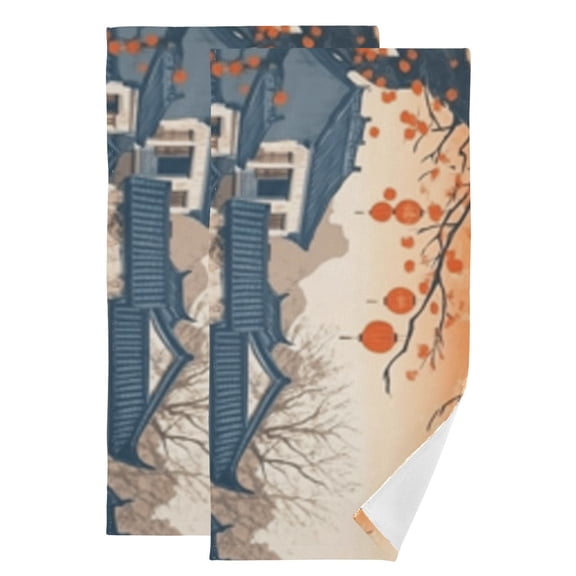 2-Piece Polyester cotton Towel Set Absorbent Cartoon Chinese Architecture Hand Towel Bath Towel Soft and Comfortable Machine Wash 28.3x14.4