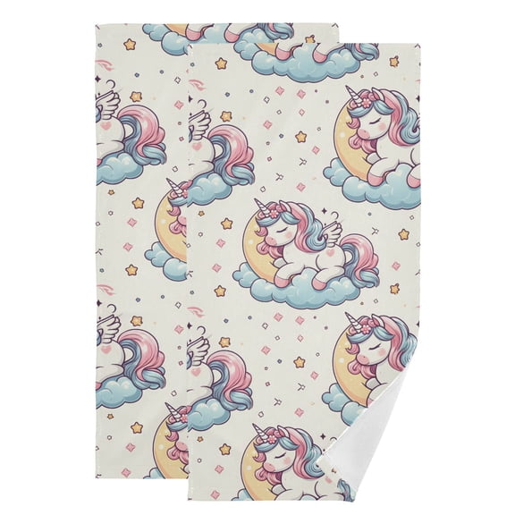 2-Piece Polyester cotton Towel Set Absorbent Cute Unicorn Pegasus Sleep Vector Pony Cartoon on Moon Hand Towel Bath Towel Soft and Comfortable Machine Wash 28.3x14.4