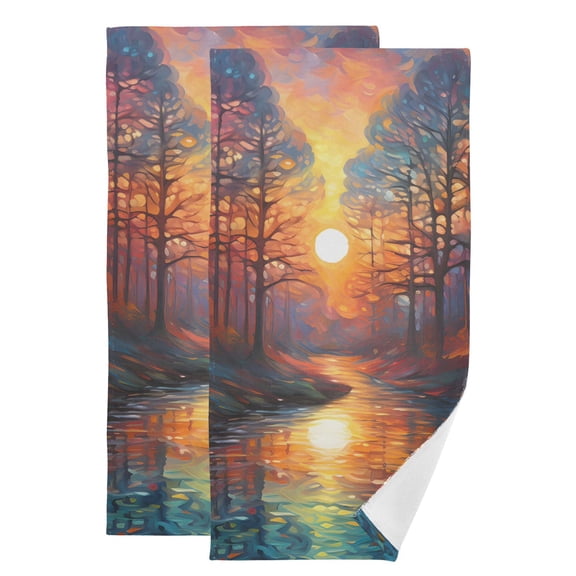 2-Piece Polyester cotton Towel Set Absorbent Forest River Sun Hand Towel Bath Towel Soft and Comfortable Machine Wash 28.3x14.4