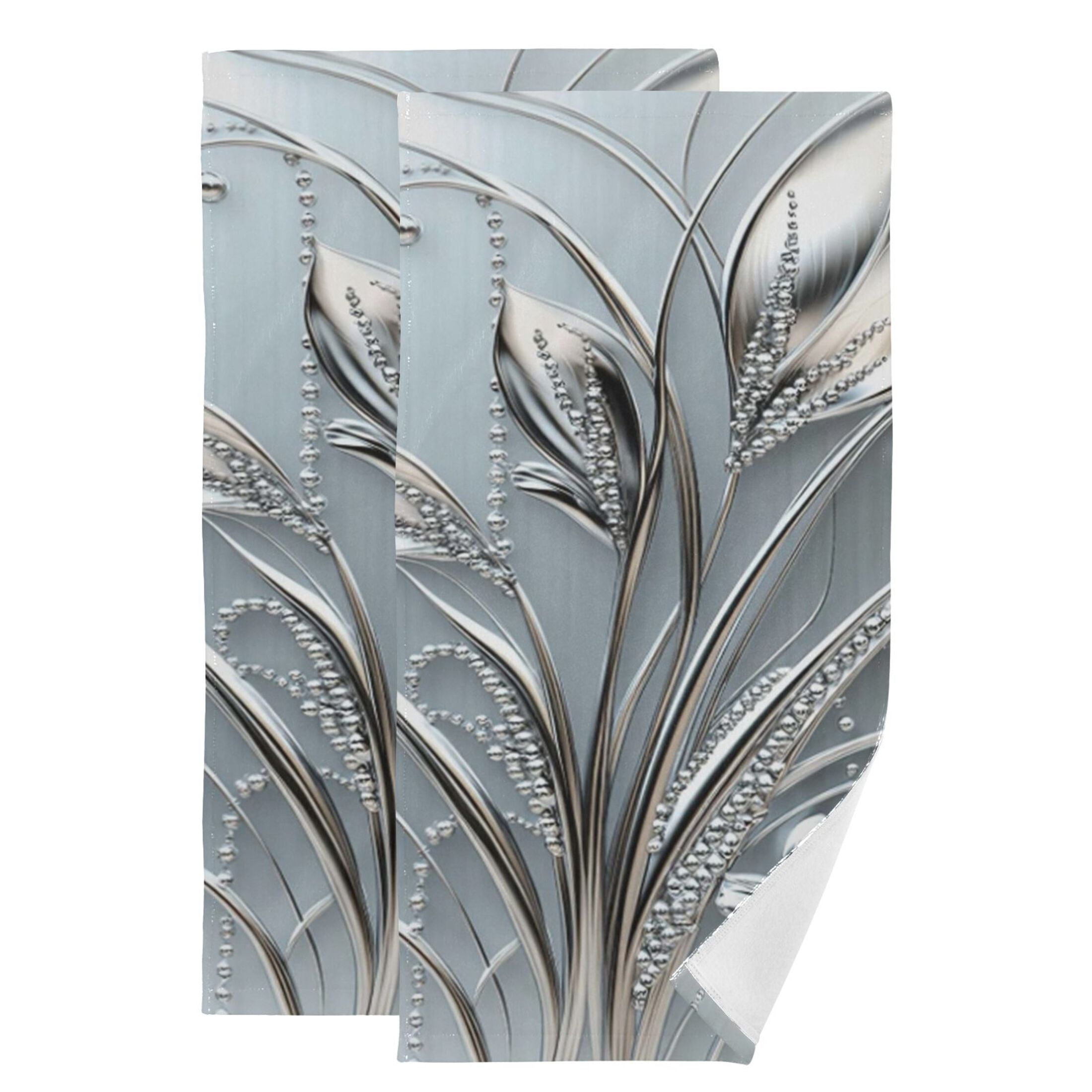 2-Piece Polyester cotton Towel Set Absorbent Grey Metal Silver Flower Leaf Hand Towel Bath Towel Soft and Comfortable Machine Wash 28.3x14.4