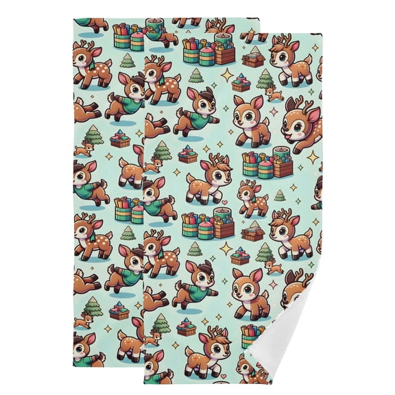 2-Piece Polyester cotton Towel Set Absorbent with Cartoon Deer Hand Towel Bath Towel Soft and Comfortable Machine Wash 28.3x14.4