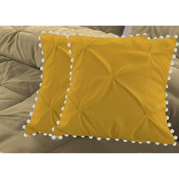 2 Piece Pom-Pom Pinch Pleated Solid Gold European Pillow Shams, (European 24x24 Pillow Cover), 100% Egyptian Cotton, 800 Thread Count, European Size
