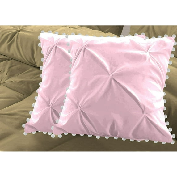 2 Piece Pom-Pom Pinch Pleated Solid Light Pink European Pillow Shams, (European 24x24 Pillow Cover), 100% Egyptian Cotton, 800 Thread Count, European Size