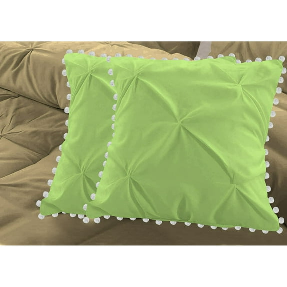 2 Piece Pom-Pom Pinch Pleated Solid Sage European Pillow Shams, (European 24x24 Pillow Cover), 100% Egyptian Cotton, 800 Thread Count, European Size