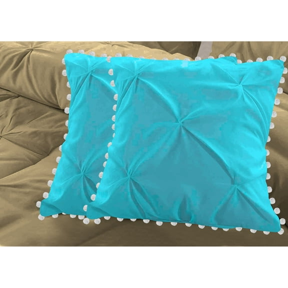 2 Piece Pom-Pom Pinch Pleated Solid Turquoise Blue European Pillow Shams, (European 26x26 Pillow Cover), 100% Egyptian Cotton, 800 Thread Count, European Size
