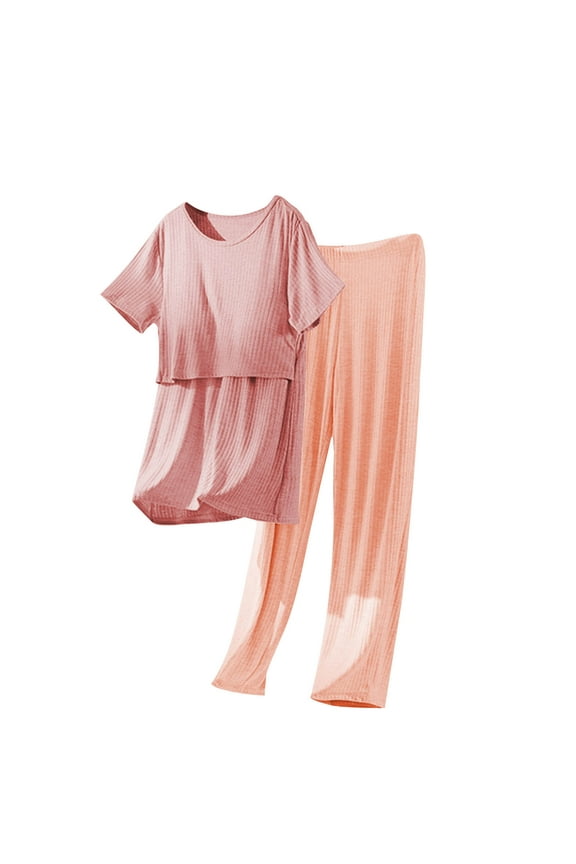 2 Piece Postpartum Nursing Pajamas Set Short Sleeve Breastfeeding Shirts Pregnancy Pants Maternity Pjs