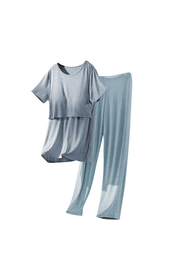 2 Piece Postpartum Nursing Pajamas Set Short Sleeve Breastfeeding Shirts Pregnancy Pants Maternity Pjs