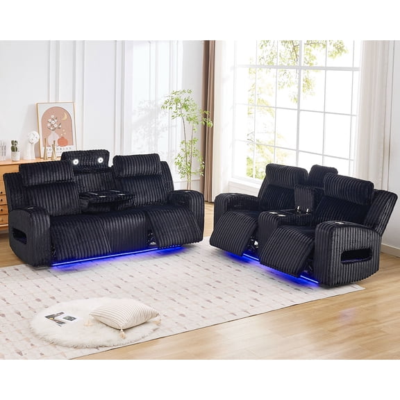 2PCS Power Zero Gravity Recliner Sofa Set with Adjustable Headrests,Bluetooth Speakers,Reading/LED Lights,Type C/USB Port,Cup Holders,Storage Console,Faux Fur Electric Reclining Couch,Loveseat Black