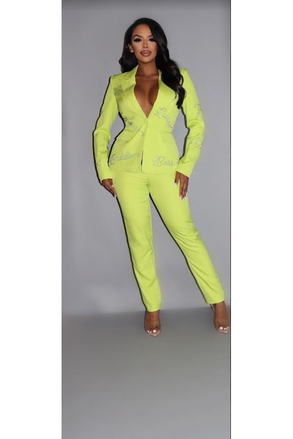 2 Piece Powersuit Blazer & Pants Set With Rhinestone Letterings On Blazer Yellow M