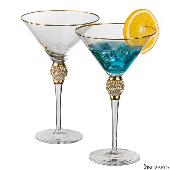 2 Piece Premium Clear Stem Crystal Martini Glasses with Gold Rim and Diamond-like Rhinestones, Elegant 10oz Glassware Set for Cosmopolitan, Vodka, Gin and Other Cocktails, Fancy Manhattan Drinkware