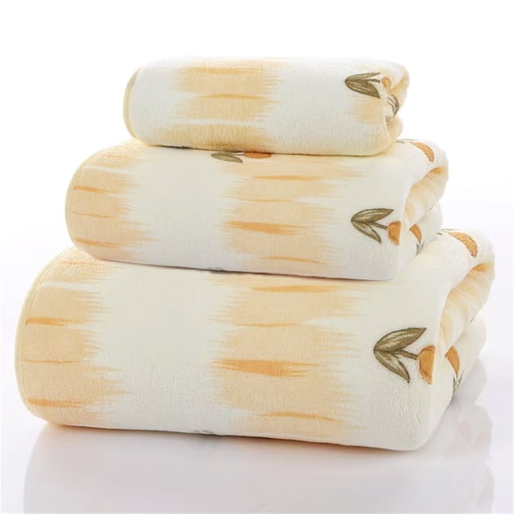 2-Piece Premium Coral Fleece Towel Set - Ultra-Soft & Highly Absorbent Bath & Hand Towel (70"x140" + 35"x75") with Tulip Design for Bathroom Daily Use (Beige)