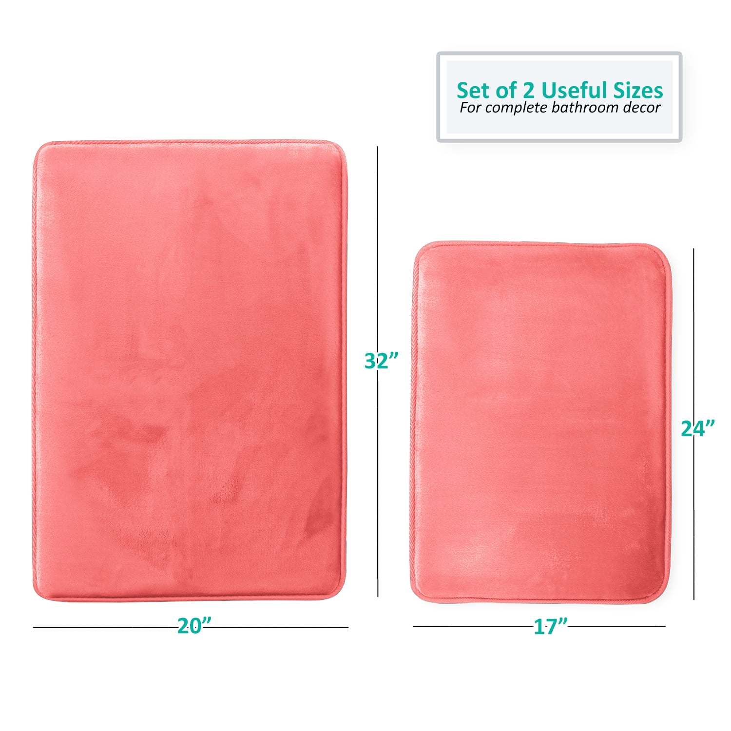 2 Piece Premium Memory Foam Bathroom Mat Set - Absorbent Luxury Plush Non Slip Carpet for Tub Shower & Bath Room, Soft Floor Mats, Machine Washable - 17x24 Plus 20x32 Inch Bath Rugs, Coral Pink
