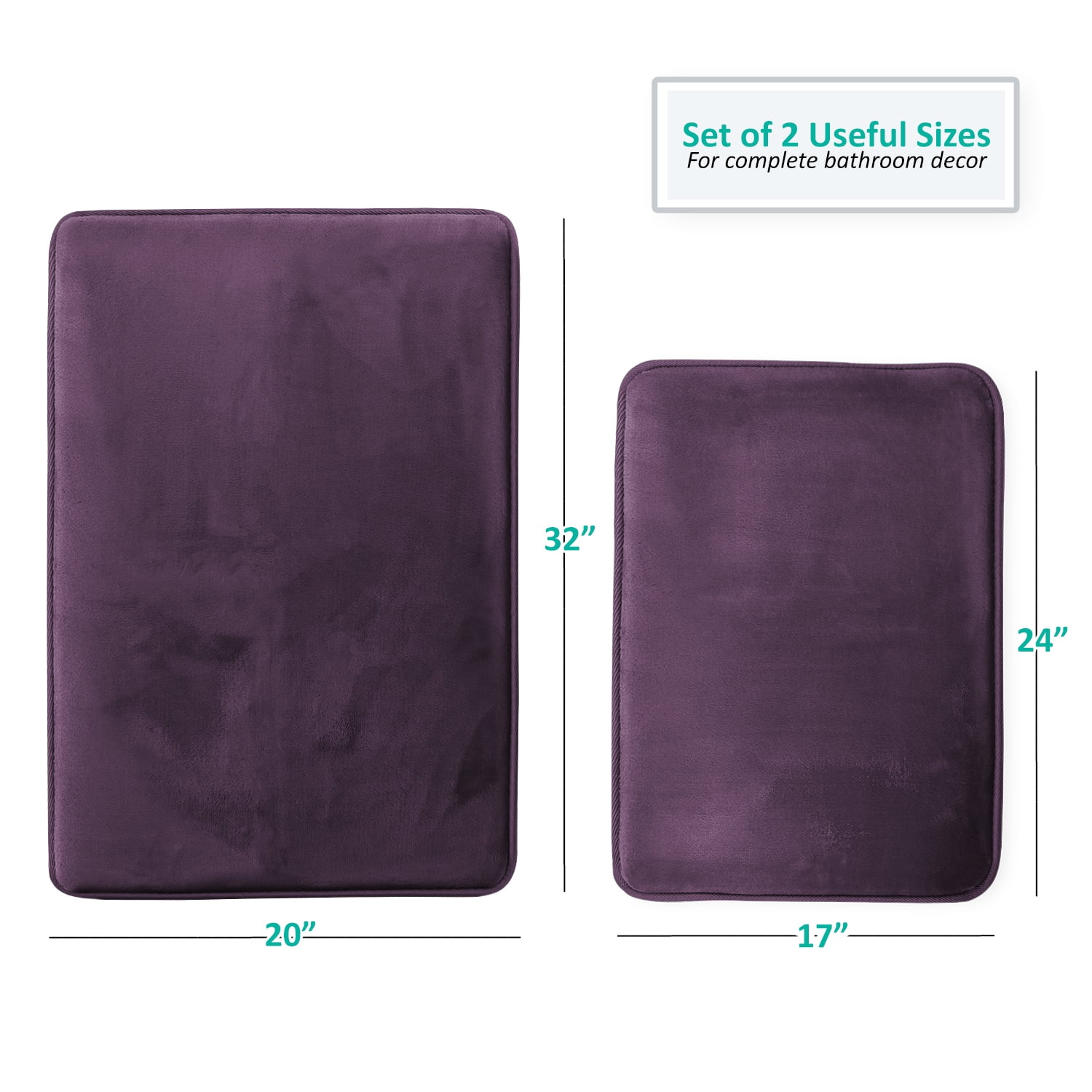 Clara Clark Premium Soft and Plush Eggplant Memory Foam Bath Rugs, Absorbent Non-Slip (2 Count ...