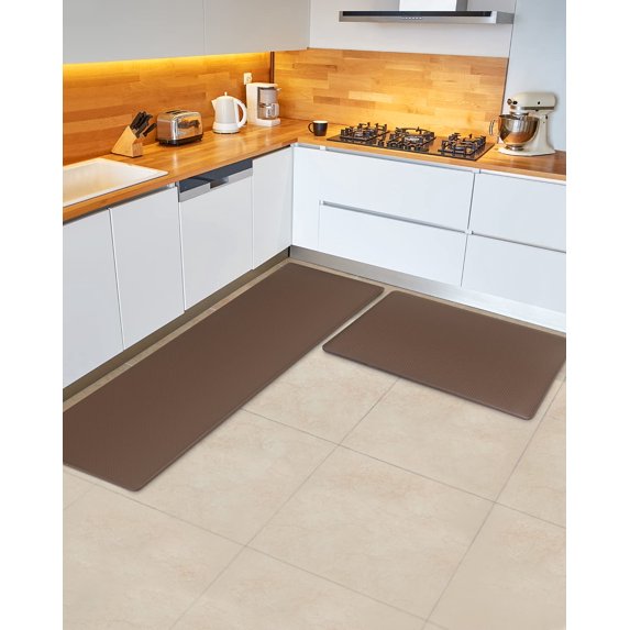 2-Piece Pretigo Anti Fatigue Kitchen Rug Set 17.5"x59" & 17.5"x30"Cushioned Floor Mat Non Slip & Waterproof - Brown