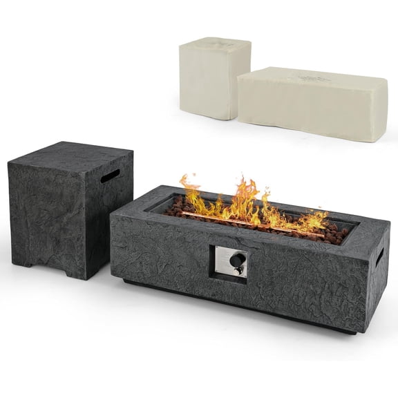 2 Piece Propane Fire Pit Table Set with Tank Holder, 50,000 BTU 42.5 Inch Outdoor Rectangular Gas Fire Table with Lava Rocks, Stainless Steel Burner and Protective Cover for Outside Patio