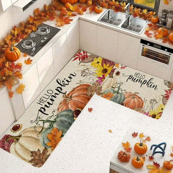 2-Piece Pumpkin Maple Doormat Set - Non-Slip Entrance Mats Fall Harvest Decor Bathroom Kitchen Rug Indoor Outdoor Waterproof Floor Mats(A)