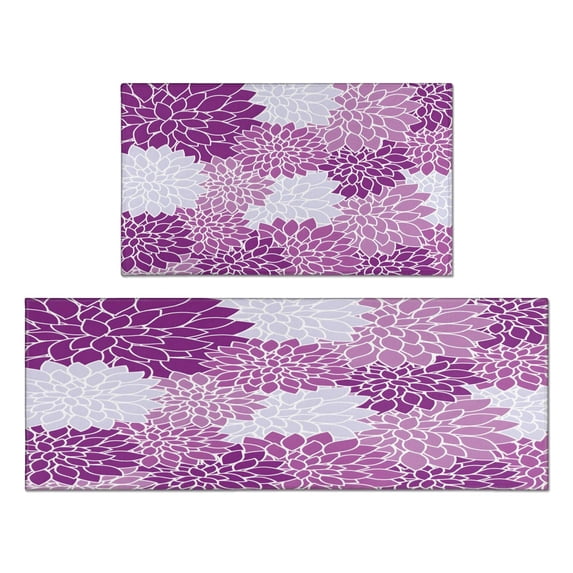 2 Piece Purple Flowers Dalia Rug Kitchen Rug Set, Decor Kitchen Rugs, Absorbent Non-Slip Washable Floor Mats, Home Indoor Runner Rugs 17"x47"+17"x30"
