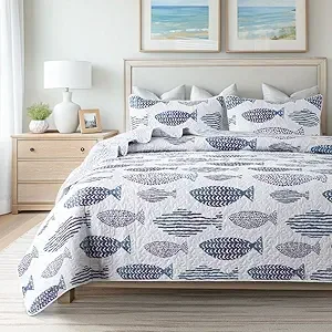 2-Piece Quilt Set Twin Size with 1 Sham Blue and White Ocean-Inspired Nautical Fish Design Coastal Bedding