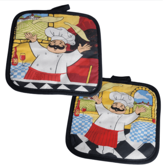 2-Piece Quilted Chef Potholders - Tuscan Bistro Theme Heat Resistant Hot Pads