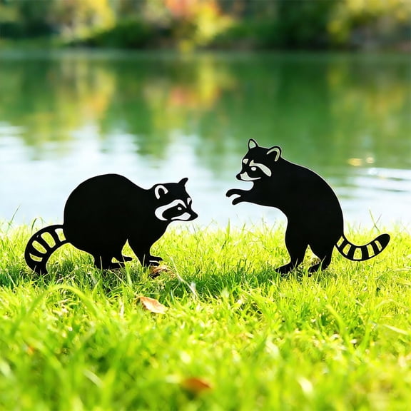 2 Piece Raccoon Metal Garden Stakes, Cute Yard Art Decorative Raccoon, Garden Ornaments For Patio Backyard Home Decor