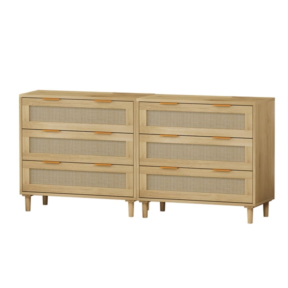 2 Piece Rattan Dresser For Bedroom, 3 Drawer Dresser, Modern Chest Of Drawers With Spacious Storage For Bedroom Living Room Hallway Closet