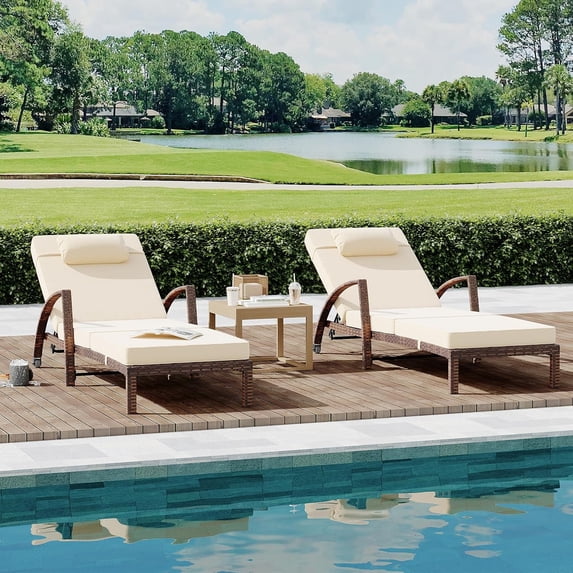 2-Piece Rattan Patio Folding Chaise Lounge, 5-Position Adjustable Backrest Outdoor Lounge Chair with Cushion and Pillow for Poolside, Backyard, Deck, Porch, Beige