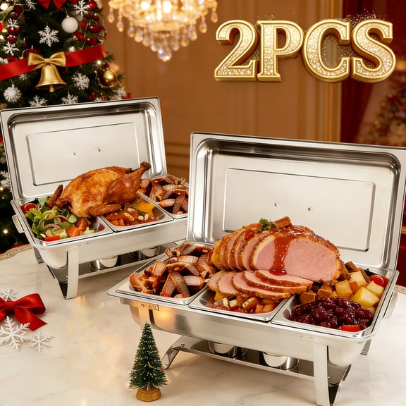 2-Piece Rectangular 3-Compartment Stainless Steel Chafing Dish Set - Holiday Catering Buffet