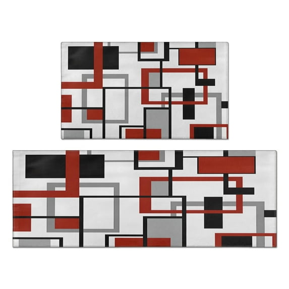 2 Piece Red Black Geometric Rug Kitchen Rug Set, Decor Kitchen Rugs, Absorbent Non-Slip Washable Floor Mats, Home Indoor Runner Rugs 17"x47"+17"x30"