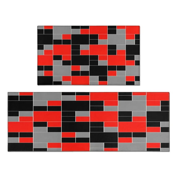2 Piece Red Black Plaid` Rug Kitchen Rug Set, Decor Kitchen Rugs, Absorbent Non-Slip Washable Floor Mats, Home Indoor Runner Rugs 17"x47"+17"x30"