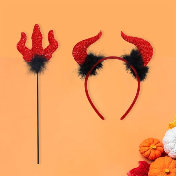 2-Piece Red Devil Costume Accessory Set, Sparkling Glitter Horns Headband with Black Feather Trim and Pitchfork Wand, KIDSS Adults Halloween Props