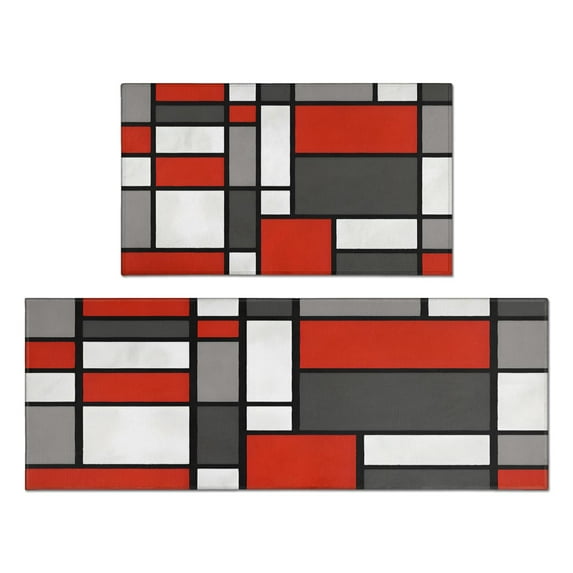 2 Piece Red Grey Geometric` Rug Kitchen Rug Set, Decor Kitchen Rugs, Absorbent Non-Slip Washable Floor Mats, Home Indoor Runner Rugs 17"x47"+17"x30"