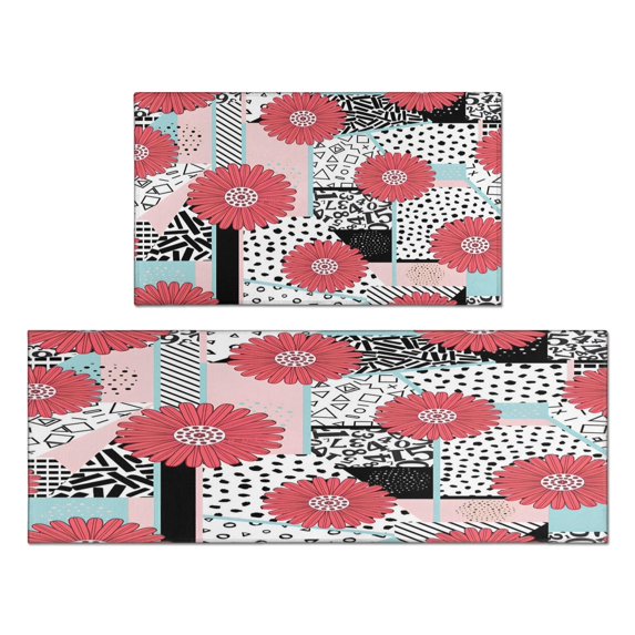 2 Piece Red Pink Dalia Flowers Rug Kitchen Rug Set, Decor Kitchen Rugs, Absorbent Non-Slip Washable Floor Mats, Home Indoor Runner Rugs 17"x47"+17"x30"