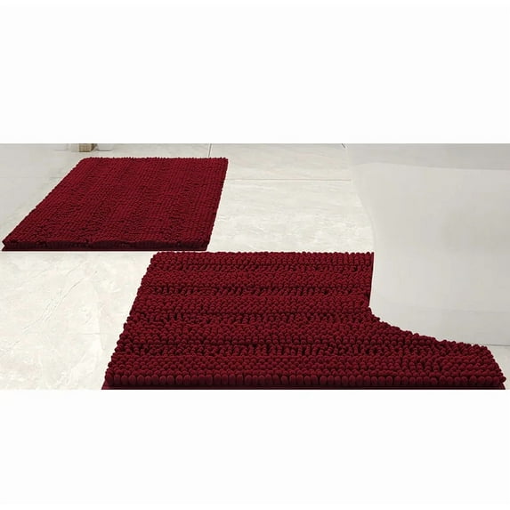 2 Piece Red Soft Cozy Plush Chenille Bath Mat & Contour Bath Rug